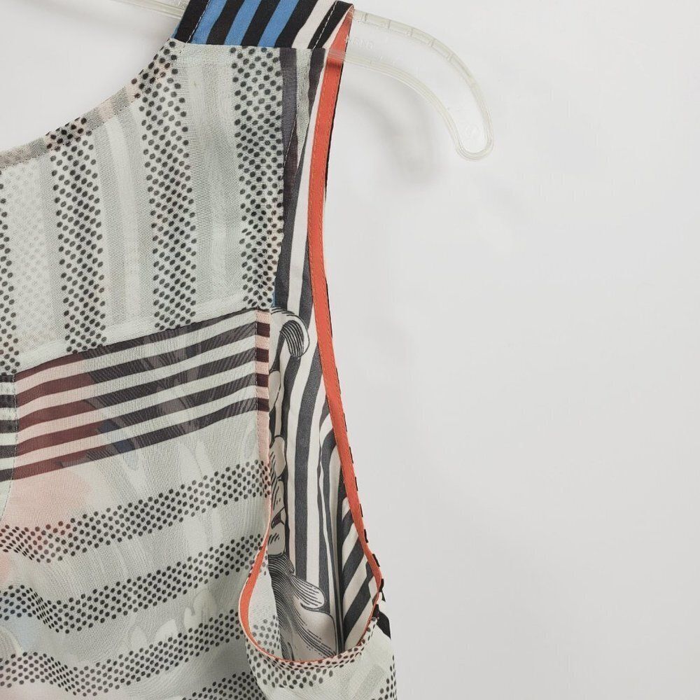 Sleeveless High-Low Flowy Top With Bold Florals and B&W Stripes Sz M - Picture 7 of 11